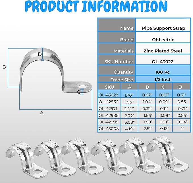 OHLECTRIC Heavy Duty Pipe Strap (100 Pack - ½ Inch) Zinc-Plated Steel EMT Conduit Clamps - 1 Hole Reinforced Rib Design - Snap-On Installation - Metal Pipe Strap for EMT Conduits