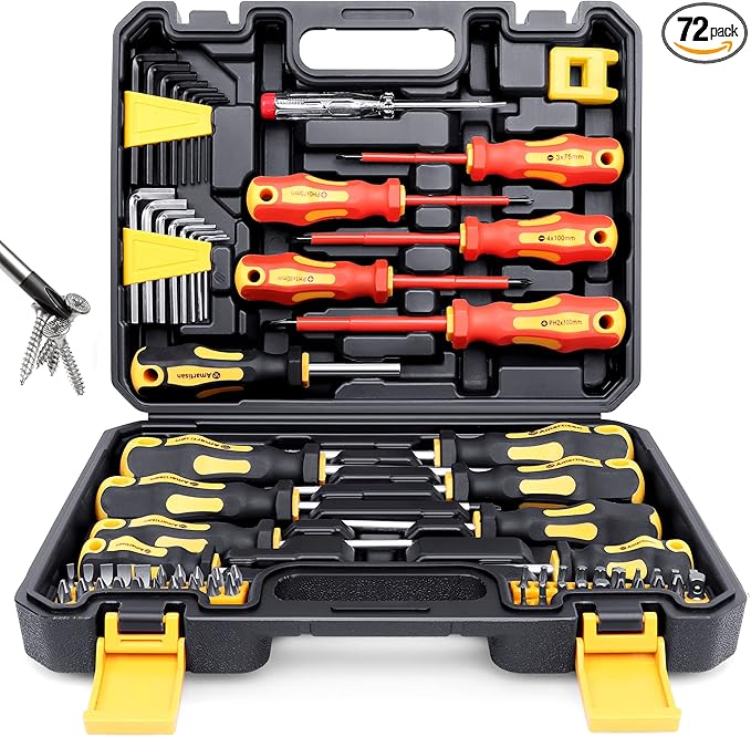 Magnetic Screwdrivers Set with Case, Amartisan 72-piece Includs Slotted, Phillips, Hex, Square, Pozidriv,Torx Bits and Insulated Screwdriver Set (1000V), Tools for Men