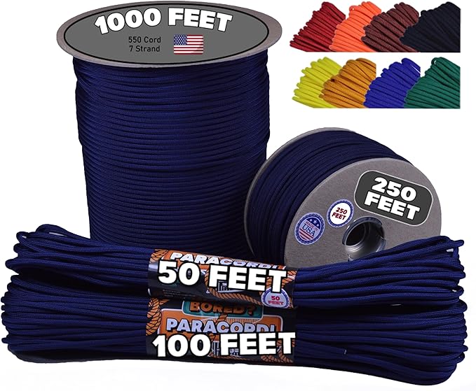 BORED? PARACORD! 550 lb Paracord - Ideal for Crafting, Camping, DIY Projects, Active & Military Outdoors - Strong Survival Rope - Tactical Parachute Cord Type III - Acid Midnight Blue 1000 Feet