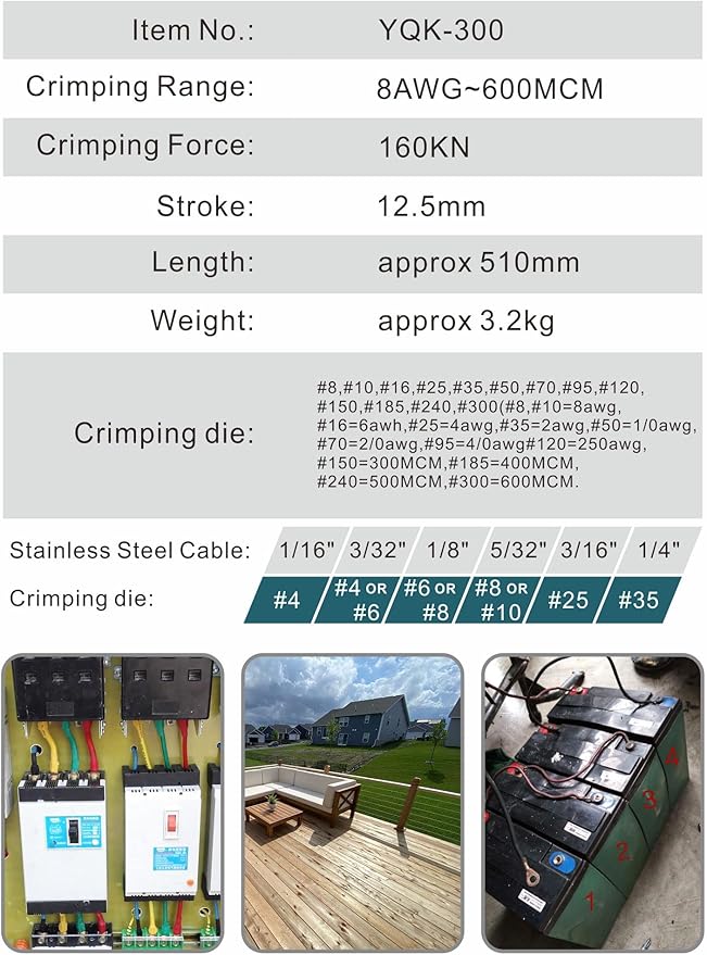 Industry Hydraulic Cable Lug Crimper 16 US TON 9 AWG to 600MCM Electrical Terminal Cable Wire Tool Kit with 13 Die (9awg~600mcm Crimping Tool)