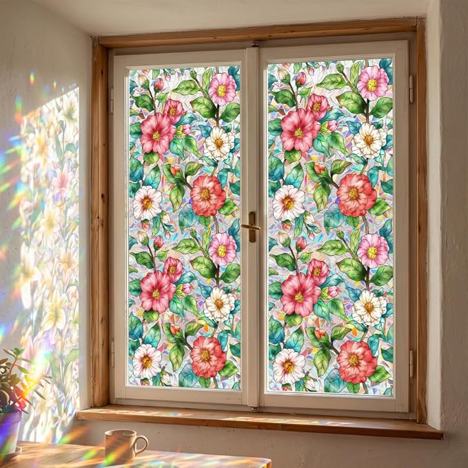 Camellia Window Film Decorative Privacy, Static Cling Stained Glass Film - Image 8