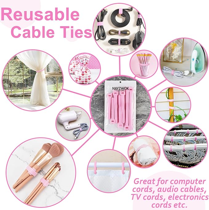 70pcs Cable Ties Reusable Pink Wire Ties Cable Management Cord Ties Reusable - Image 3