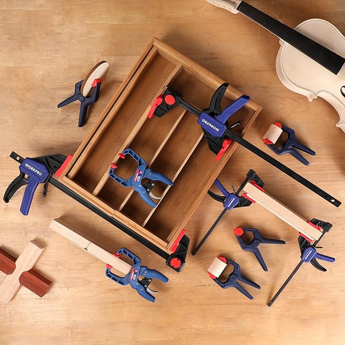 WORKPRO 10-Pack Clamps for Woodworking, 12" & 6" Bar Clamps, 2 Quick-Release Ratcheting Wood Clamps and 4 Spring Clamps, Light Duty F Clamps/Spreader 150 LBS Load Limit