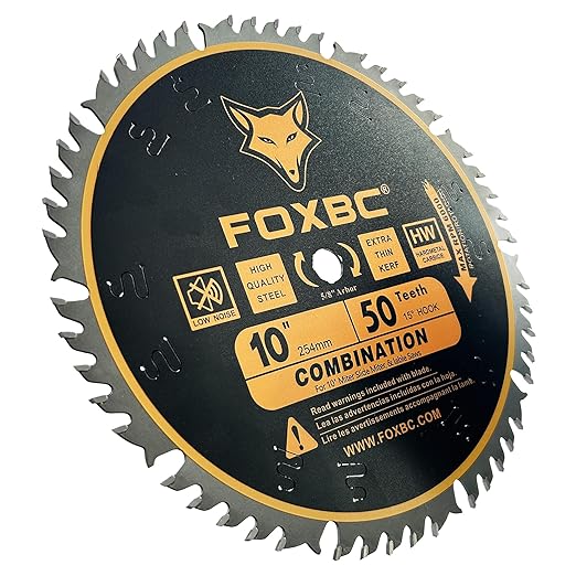 FOXBC 10 Inch Combination Saw Blade, 50-Tooth, Wood Cutting, 5/8-Inch Arbor