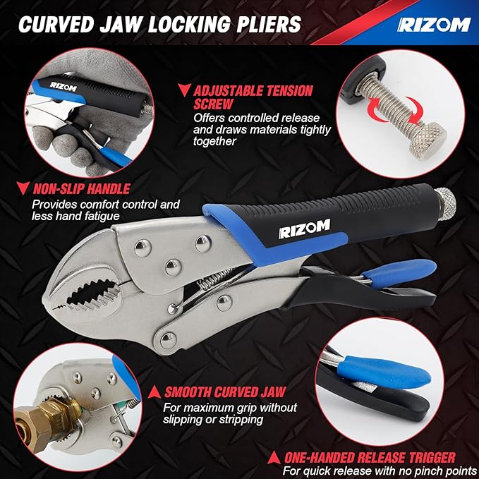 Rizom Vice Grips Pliers Set, 6-Piece Locking Pliers Set, 6-1/2”, 9-1/2” Needle Nose Vice Grips, 5”, 7” and 10” Curved Jaw Vise Grip, 6” C-clamp Locking Pliers, Fast Release with Rolling Pouch