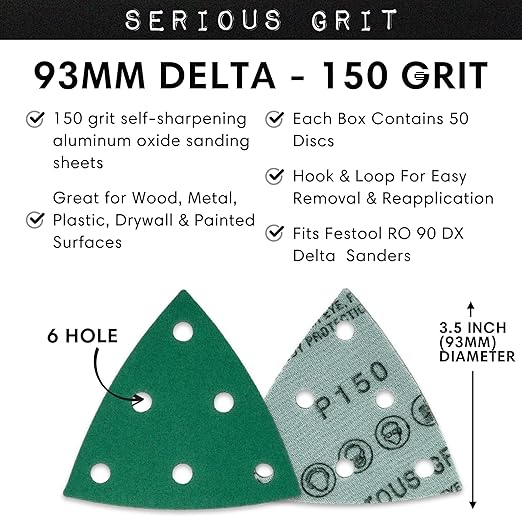 3.5" (93mm) 6-Hole 150 Grit Triangle Sanding Sheets - Fits Festool Rotex RO 90 Delta - Heavy-Duty Hook & Loop Film Disc Abrasives - Sandpaper for Detail Sanders - 50 Pack Box