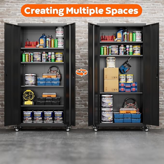 73 Inches Metal Storage Cabinet on Wheels,Storage Cabinet with Wheels and 4 Adjustable Shelves,Rolling Garage Cabinets for Office,Warehouse,Assemble Required(Black)