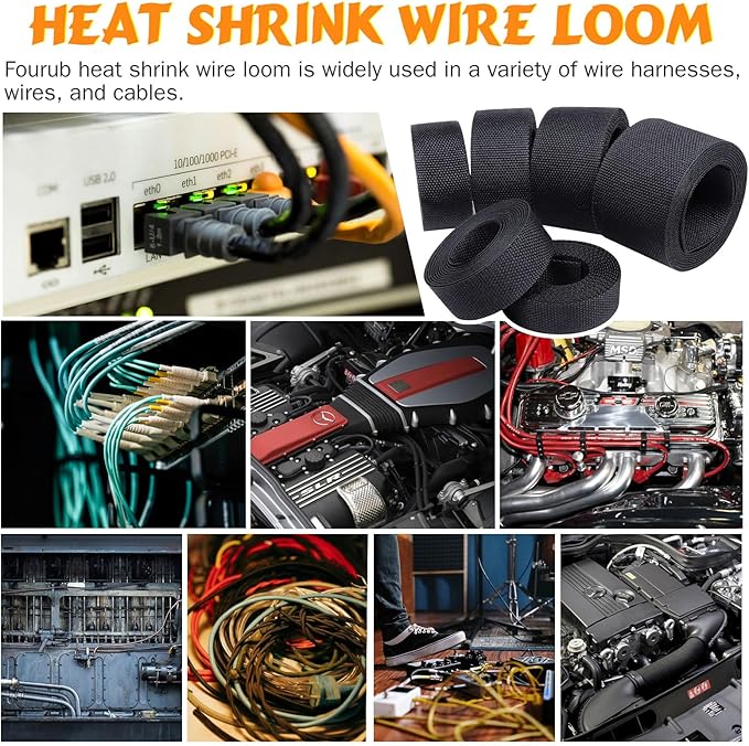 50% Ratio Heat Shrink Automotive Wire Loom Shrinkable Braided Sleeving Fabric Shrink Tubing Wear-Resistant Woven Wire Sheathing(1/2"-18ft)