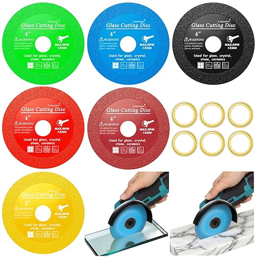 Lamoutor 6Pcs 4 Inch Glass Cutting Disc for Angle Grinder, Diamond Saw Blade, Tile Cutter Blade for Cutting Marble Glass Tile Jade Crystal（Green/Blue/Yellow/Black/Red/Orange）