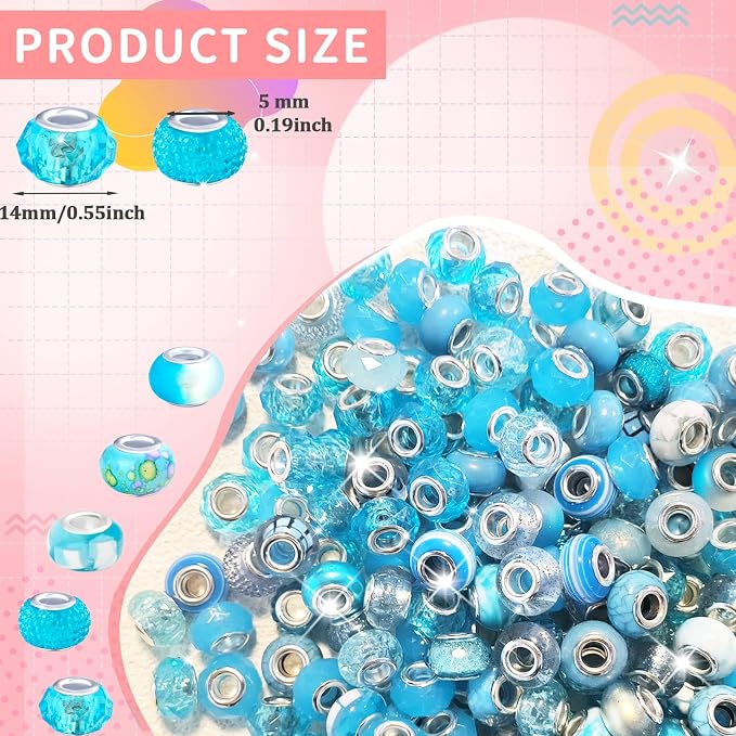 200Pcs Large Hole Beads Spacer Bead Sky Blue Assorted European Craft Big Beads - Image 2