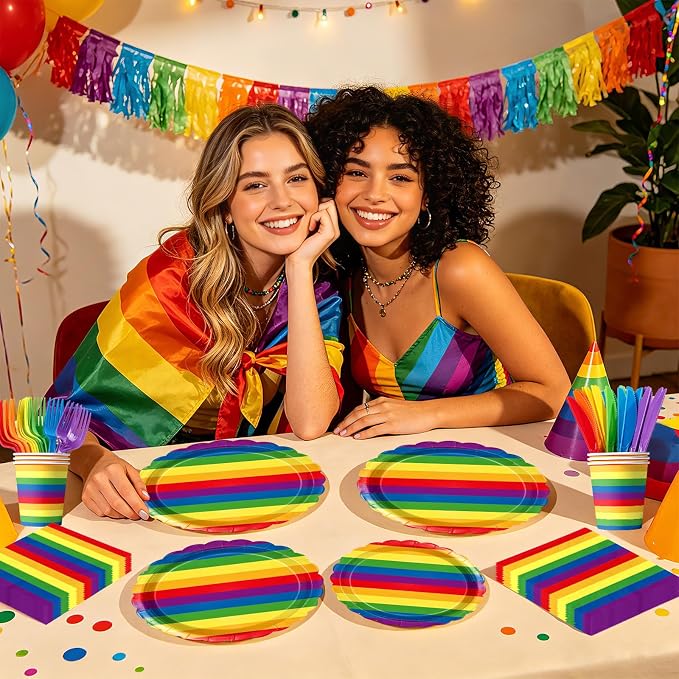 168 Pcs Rainbow Birthday Party Decorations, Serves 24 | Rainbow Stripes Plates - Image 5