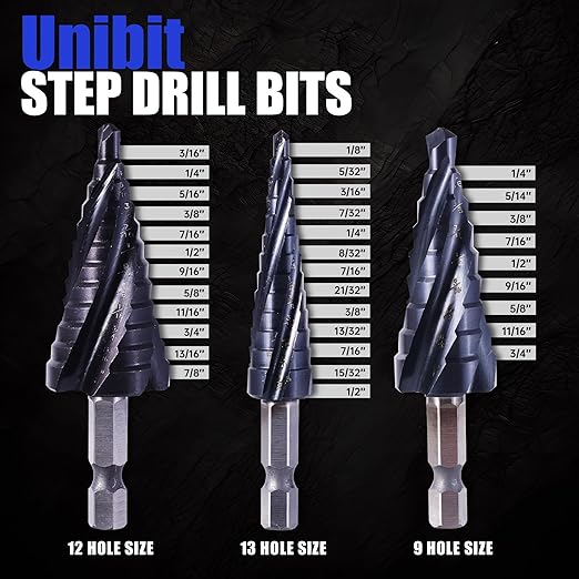 Four Spiral Flute Cobalt Step Drill Bit,1/8"-1/2" M35 Cobalt Step Drill Bit Wear-Resistant AlTiN Coated, 1/4" Hex Shank for Hole Drilling in Stainless Steel, Copper, Aluminum, Wood, Plastic
