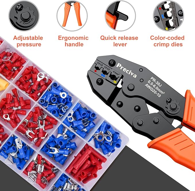 Wire Terminals Crimping Tool Kit, Preciva AWG20-10/0.5-6mm²Insulated Ratcheting Crimper Tool with 350PCS Insulated Wire Connectors