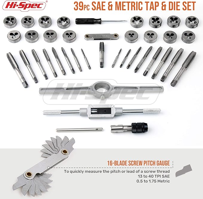Hi-Spec 39 Piece SAE & Metric Tap & Die Set. Complete M3 to M12 / #4 to 1/2in Fine & Coarse Tools to Cut, Chase and Thread with Screw Pitch Gauge in a Tray Case