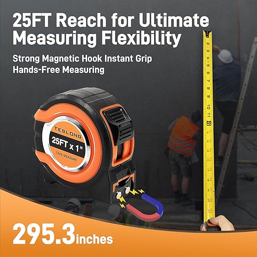 Teslong 3 Pack 25 ft Tape Measure, Retractable Magnetic Measuring Tape, 1/8 Fractions Easy Read Measuring Tape, Self-Locking Tape Measurer with Accuracy 1/32, Magnetic Tip Hook and Belt Clip