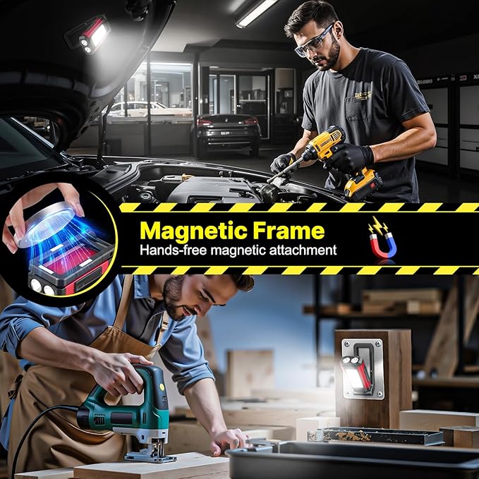 Rechargeable LED Work Light Magnetic Flashlight Portable 7 Flashlight Mode With Magnetizable Base Rotatable Stand 360° Infinitely Rotatable Type-C Charging for Camping,Car Reparing,Emergency Pack of 2