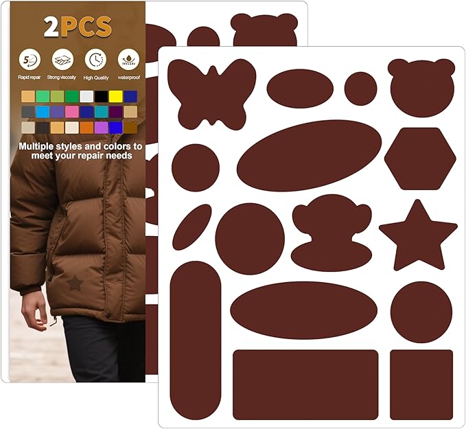 Azobur Down Jacket Repair Patches-Waterproof, Self-Adhesive,Nylon Fabric Patches for Puffy Jackets, Rain and Snow Gear, Tents, Sleeping Bag and More(Brownish，2pcs)