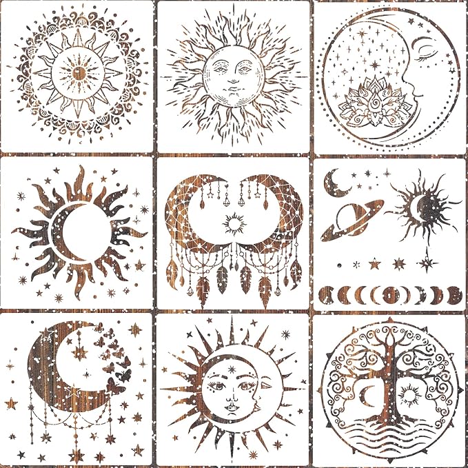 9 Pieces Large Mandala Sun and Moon Stencil Butterfly Flower Tree Paint Stencils by Hosomono