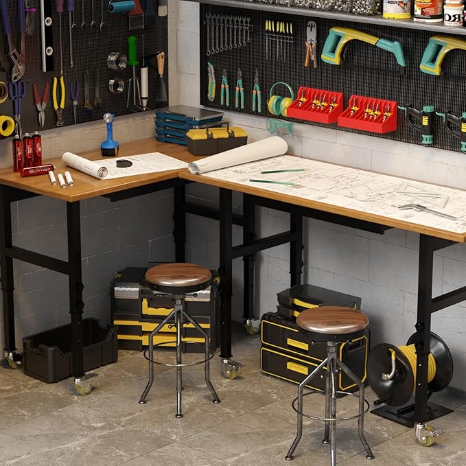 48” Adjustable Wood Work Bench, Heavy Duty Work Table with Power Outlets & Drawers Wheels for Workshop, Garage, 3000 Lbs Capacity