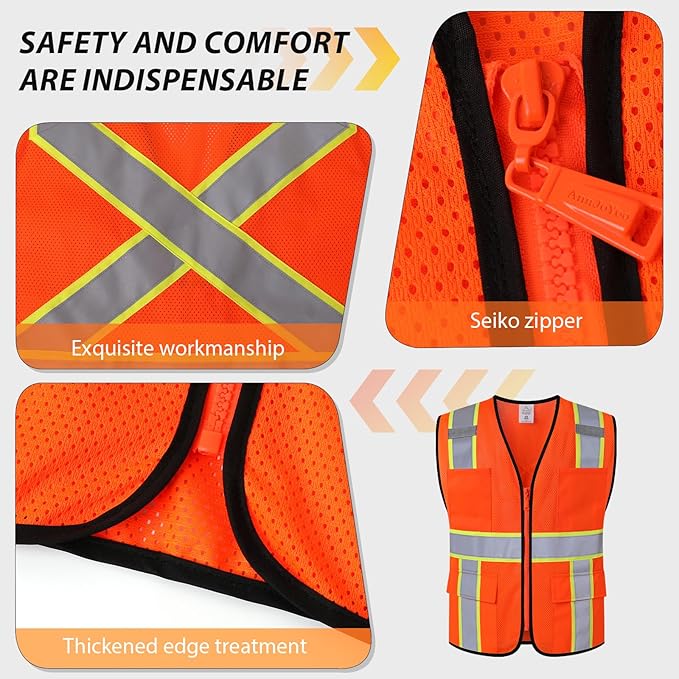Class 2 Safety Vest with Zipper Front and multiple Pockets, High Visibility Vest, Meets ANSI/ISEA Standards