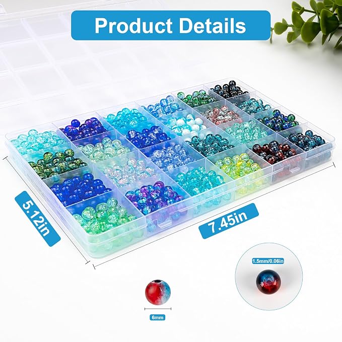 XSEINO About 1200pcs 6mm Crack Glass Beads Bracelet Making Kit, 24 Assorted - Image 3