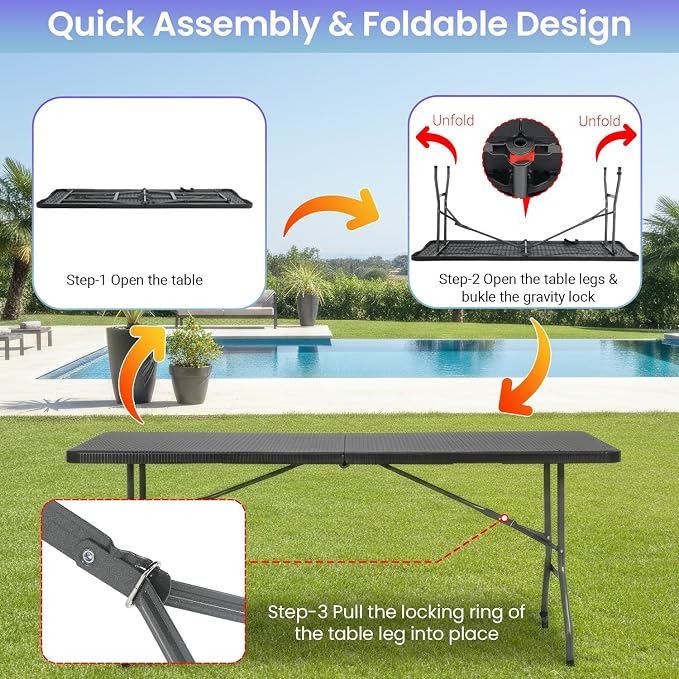 FDW 6FT Folding Table, Portable Fold-in-Half Plastic Picnic Party Table - Image 5