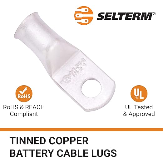 SELTERM 25pcs 2 AWG 1/4" Stud Marine Grade Tinned Copper Battery Cable Lugs, 2 Gauge Ring Terminals, UL Wire Lugs Electrical Battery Cable Ends, Tinned Copper Lugs Battery Terminal Connectors