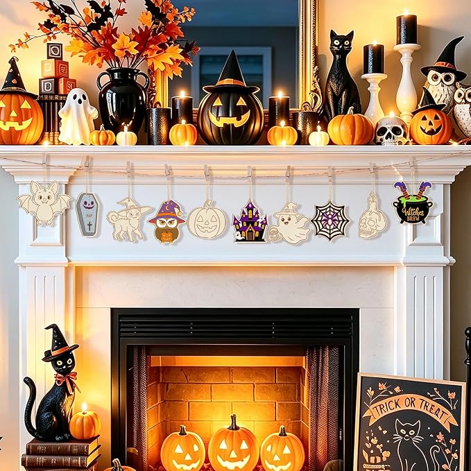 80PCS Wooden Halloween Ornaments to Paint Fall Decorations, 10 Styles DIY Blank - Image 3