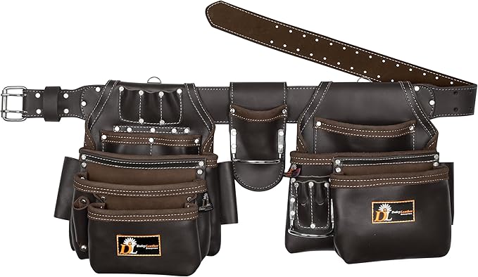 Daisy Leather Tool Belt Pro-202, 31 Pockets, Top Grain Leather, 2.5-inch Padded Belt, Fits 32-52 inch Waist, X-Large (Chocolate, X-Large)