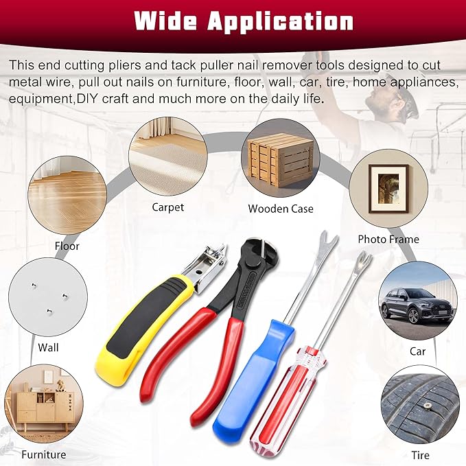 4Pcs Upholstery Staple Remover Tool Set with End Cutting Plier, Staple Puller, Nail Puller Plier, Tack Lifter, Zipper Bag,Fastener Remover Tools for Furniture Carpet Floor Wall Photo Frame