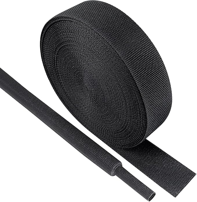 Black 2:1 Ratio Automotive Heat Shrink Braided Sleeving,Wear-Resistant Flat Woven Shrinkable Sleeve Fabric Car Cable Wires Hoses Protection (3/4"-35ft)
