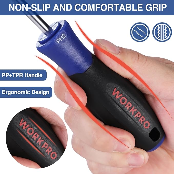 WORKPRO 10-Piece Magnetic Screwdriver Set with Pouch, Phillips, Slotted, Flat Head Screwdriver Include Magnetizer, Screwdriver with Non-Slip Grip, for Home Repair and DIY Projects