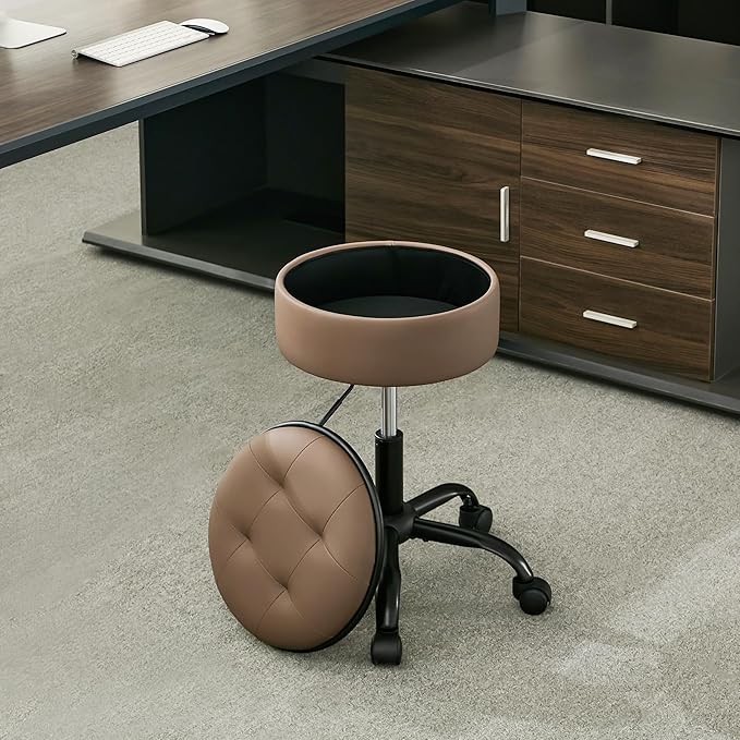 Drafting Chair with Storage, Adjustable Desk Stool with Wheels 20.67"-24.61", Coffee Brown Ergonomic Office Stool