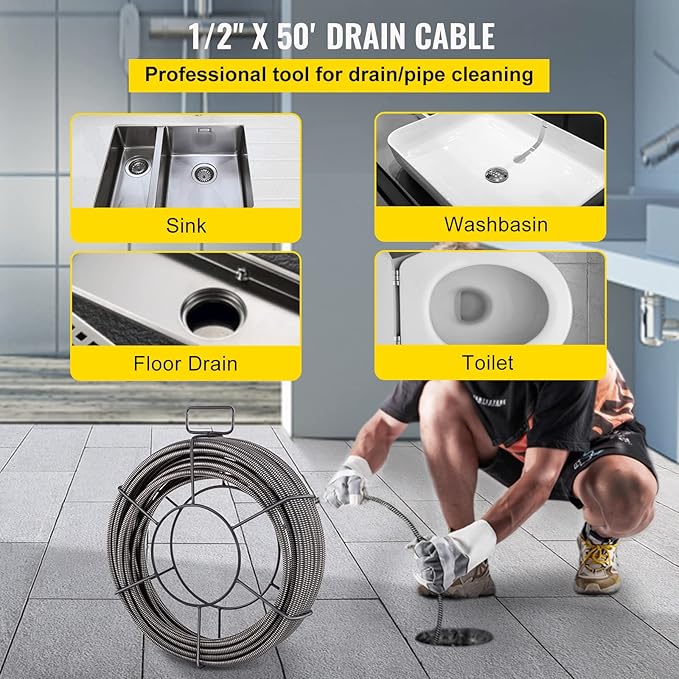 VEVOR Drain Cleaning Cable 50ft x 1/2 inch Solid Core Cable Sewer Cable, Drain Auger Cable Cleaner, Snake Clog Pipe Drain Cleaning Cable W/Four Shapes of Cutters