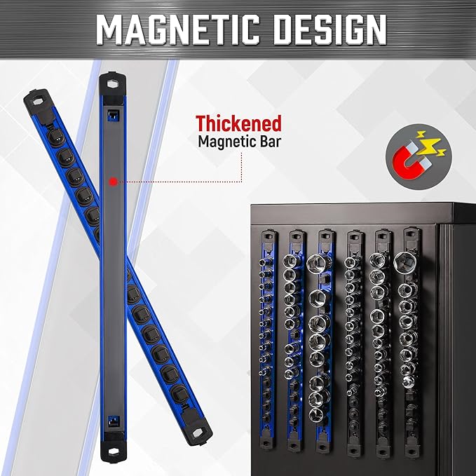 ALOANES 1/2-Inch Drive Magnetic Socket Organizer, Heavy Duty Aluminum Socket Rail Organizer, 360° Swivel Clips Socket Holder Kit for Tool Box, 1/2-Inch Socket Holder x 12 Clips (Blue)
