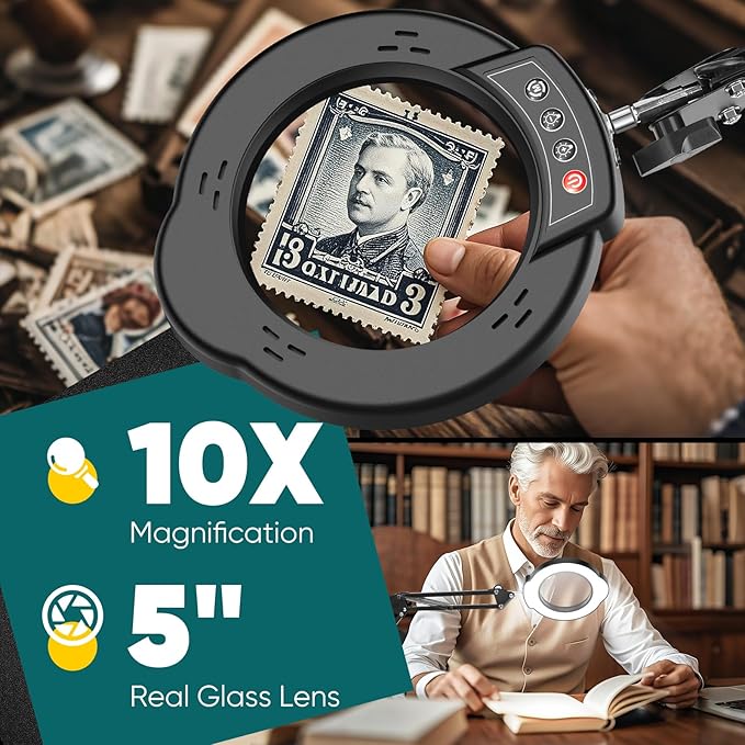 10X Magnifying Glass with Light and Stand，Real Glass Lens 5 Color Modes Dimmable LED Lighted Magnifier with Swing Arm Hands Free Magnifying Desk Lamp for Crafts Sewing Painting Reading Close Work