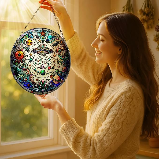 Stained Glass Window Hanging, LAOWEIKI 8'' UFO&Alien Suncatcher, Stained Glass - Image 2