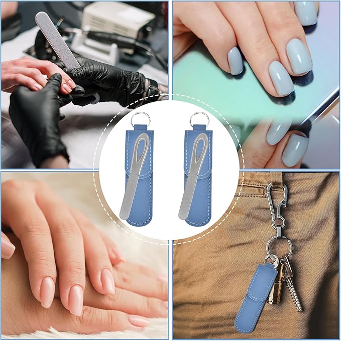 Metal Nail File with Case, 2 Pack Keychain Nail Files for Natural Nails, Fingernail Files Diamond Round Tip Stainless Steel Double Sided Fine Grit Sapphire Filer with Leather Sheath Travel Blue