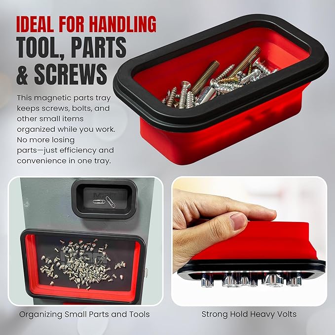 Collapsible Magnetic Tray Set of 3 Sizes – Foldable Silicone Tool Tray Organizer for Screws, Bolts, Nuts, Washers, Pins, & Small Metal Parts with Durable Magnetic Base (Red)