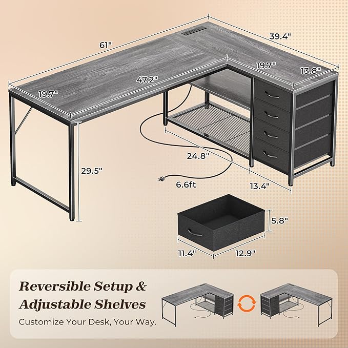 PRAISUN 61" L Shaped Desk with Power Outlets & USB-C Port, Reversible Computer - Image 3