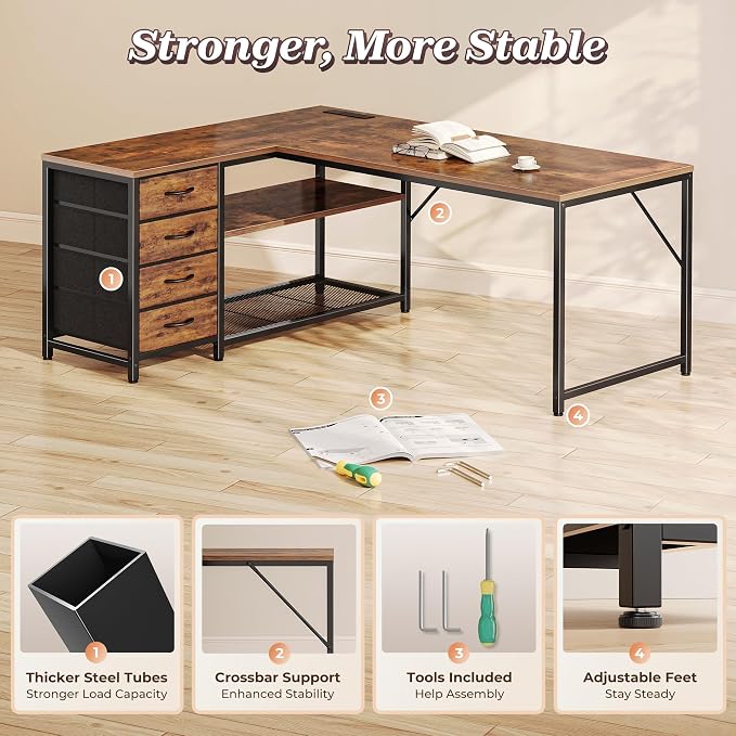 PRAISUN 53" L Shaped Desk with Power Outlets & USB-C Port, Reversible Computer - Image 8