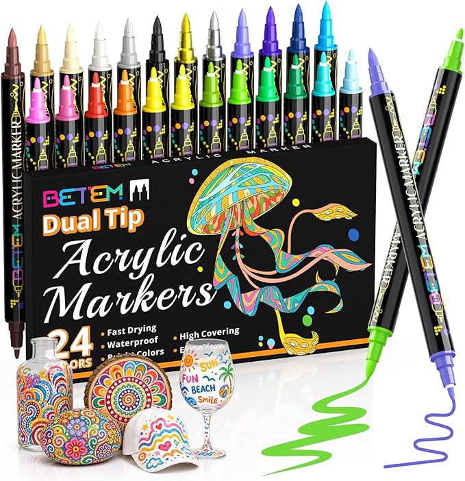 Betem Dual Tip Acrylic Paint Pens, 24 Colors Paint Markers by BetemArtWorld