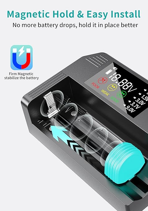 Universal Battery Tester, Dlypow Small Digital Battery Checker with LCD Display for Household Batteries AA AAA C D 9V 18650 CR123A LR44 CR2032 CR2 CRV3 1.5V/3V Button Cell Batteries, Cable Included