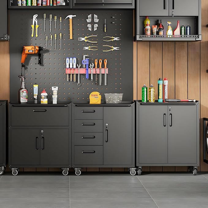 Metal Garage Storage Cabinet with Wheels,Locking Rolling Tool Cabinet with Drawers and Shelves for Home, Office, Garage & Workshop