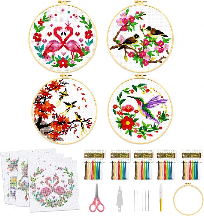 Zhenqing 4 Bird Circle Cross Stitch Kit 11CT Pre-Printed Floral Bird Embroidery - Image 2