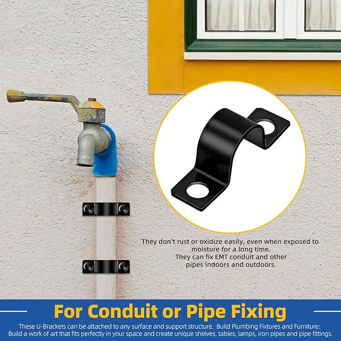 Glarks 120pcs 5/8/10/12mm Pipe Strap Clamp, Black Carbon Steel 2 Hole Strap Heavy Duty Rigid Pipe Strap U Bracket Tube Strap Cable Clamp Hanger Tension Tube Clip with screw for Pipe Tube Cable Fixing