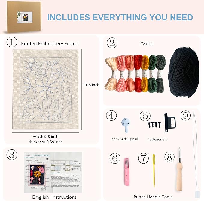 Silentsea Punch Needle Kit for Beginner Adults – Flower Embroidery Frame Kit - Image 4