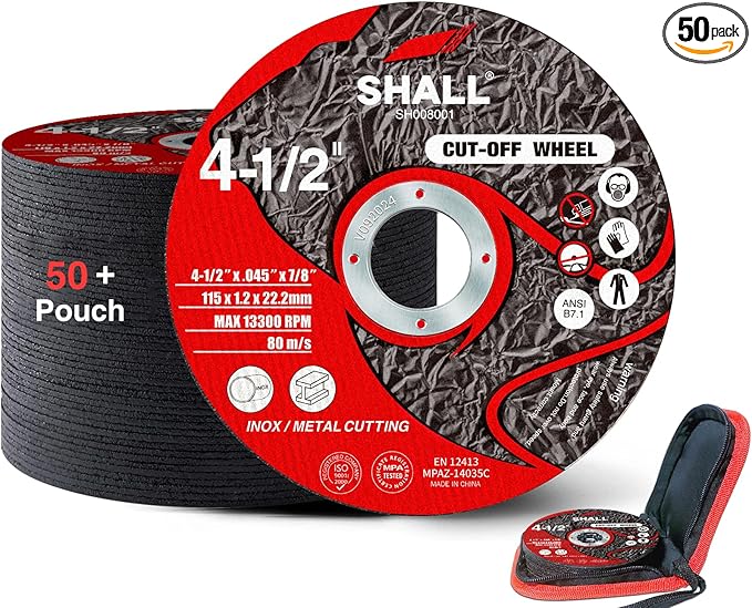 SHALL 50-Pack Cut Off Wheels 4 1/2 x 7/8 Inch, Cutting Wheel with Pouch for Angle Grinder, 4.5” Metal & Stainless Steel Fast Cutting Disc, Grinder Wheel for General Purpose Metal Cutting