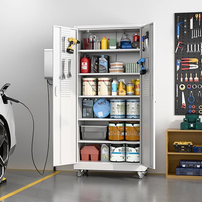 71" Metal Storage Cabinet with Wheels and Pegboard, Lockable Rolling Steel Storage Cabinet with 5 Adjustable Shelves and Door for Garage, Office, Kitchen, Assembly Required,White
