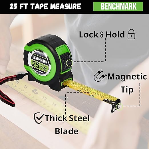 3 Pack - Tape Measures 25 ft - Easy to Read Fractions to 1/8th inch - Magnetic Tip - Thumb and Quick Lock - Autowind - Belt Clip - Green - Measuring Tape Retractable